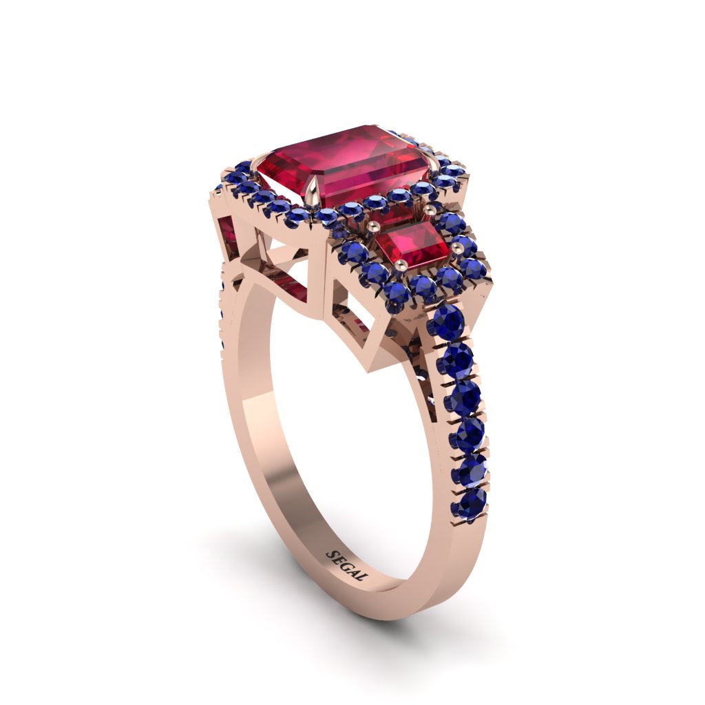Ruby Three Halo Radiance Engagement Ring - Emely No. 71