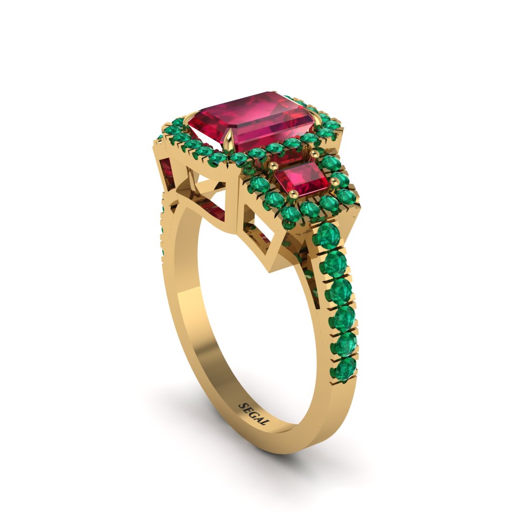 Ruby Three Halo Radiance Engagement Ring - Emely No. 25