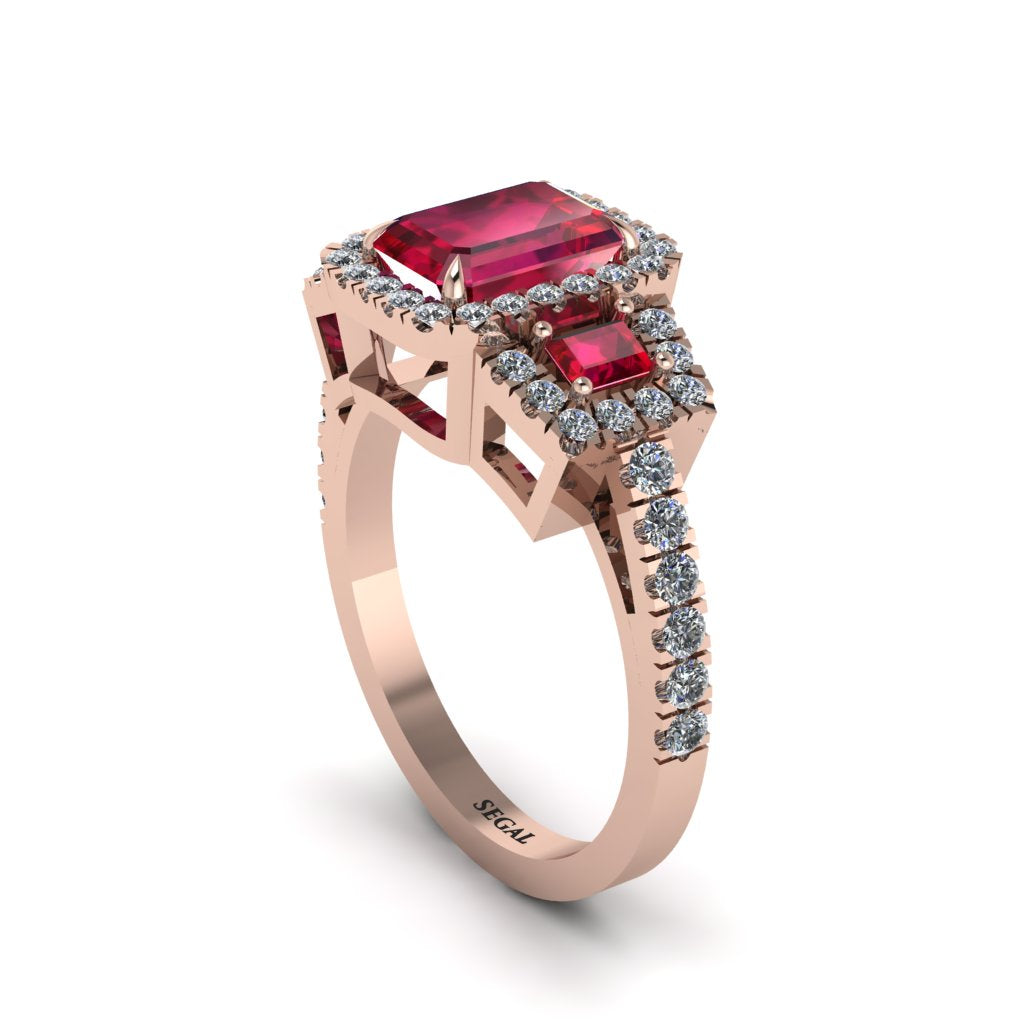 Ruby Three Halo Radiance Engagement Ring - Emely No. 11