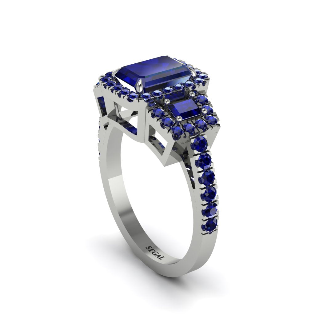 Sapphire Three Halo Radiance Engagement Ring - Emely No. 75