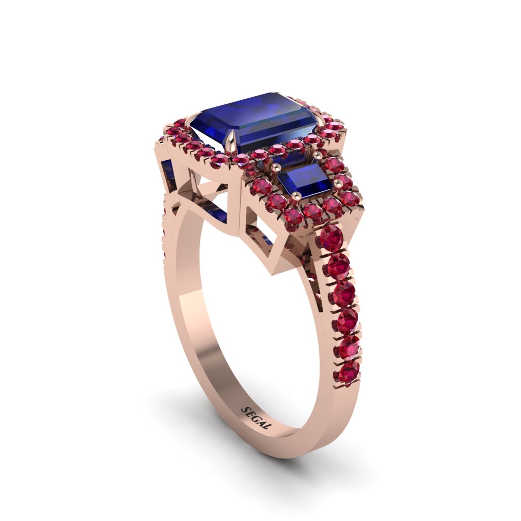 Sapphire Three Halo Radiance Engagement Ring - Emely No. 59