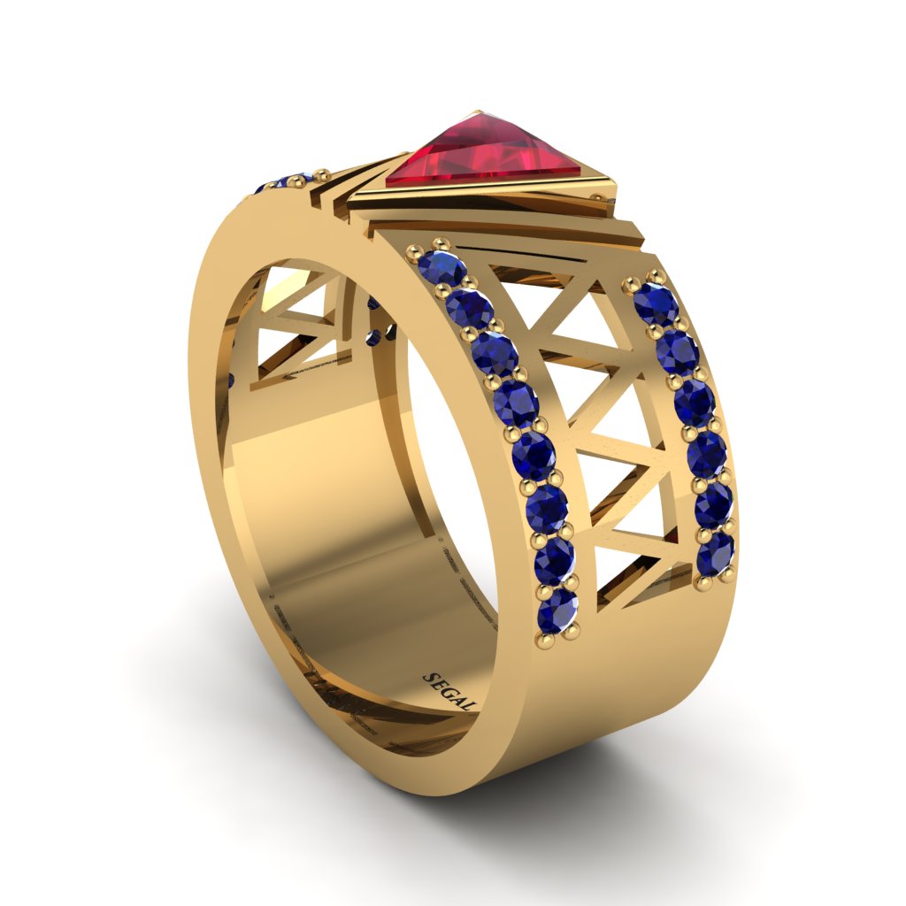 Triangle Cut Ruby Men's Architectural Ring - Levi No. 70