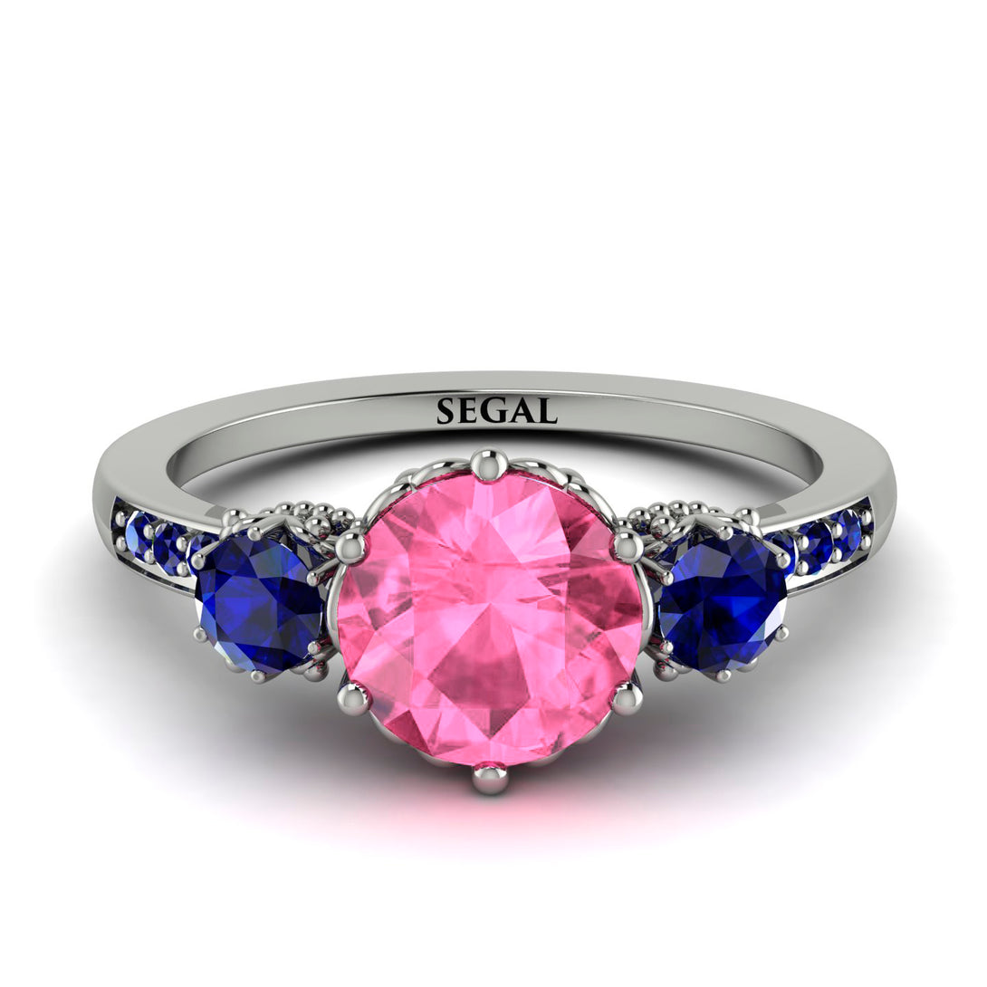 Vintage 3 Stones Pink Moissanite Ring With Micro Pave - Luna No. 812