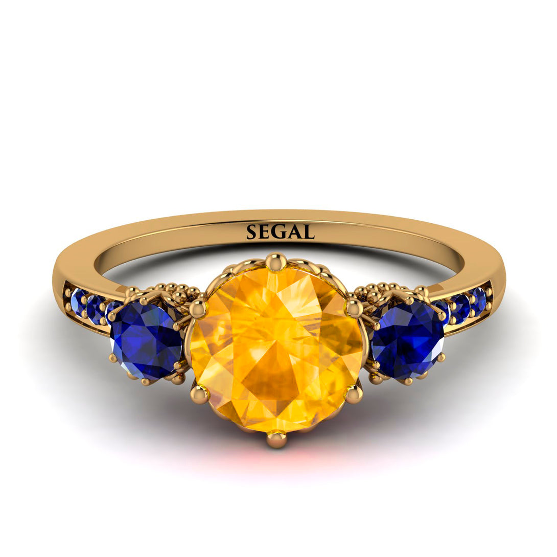 Vintage 3 Stones Yellow Diamond Ring With Micro Pave - Luna No. 1010