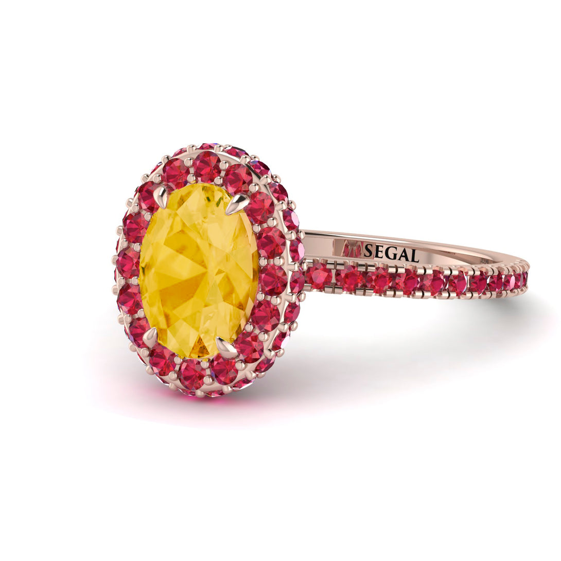 Oval Citrine Halo Hidden Rubies Ring - Amy No. 611