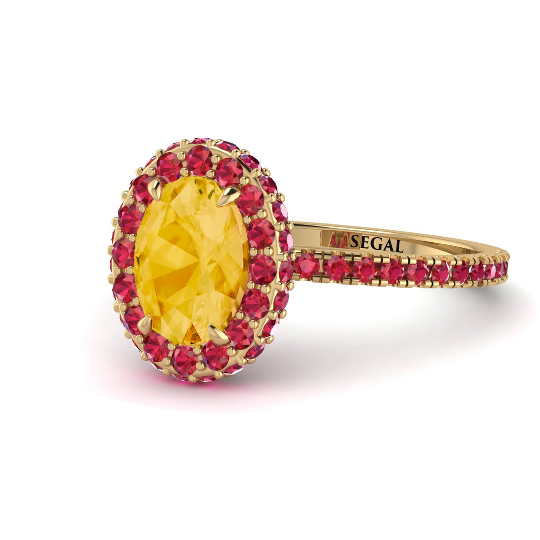 Oval Citrine Halo Hidden Rubies Ring - Amy No. 610
