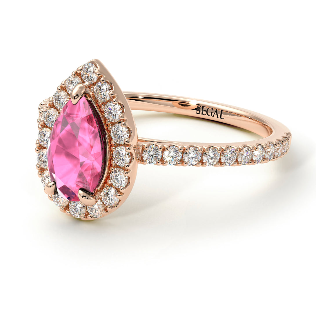 Pear Shaped Halo Pink Moissanite Ring - Janet No. 802