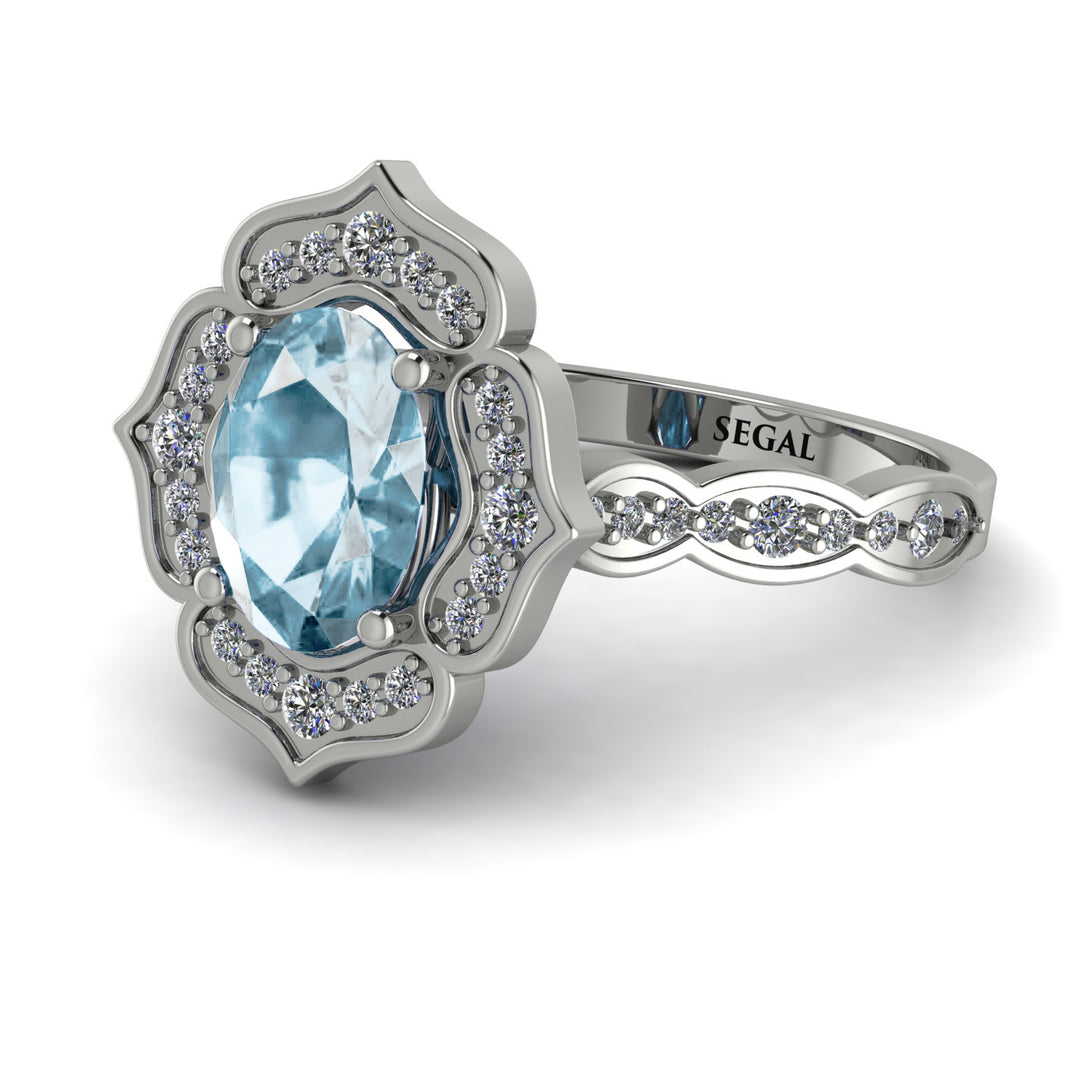 Decorated Halo Oval Aquamarine Engagement Ring - Faith No. 403
