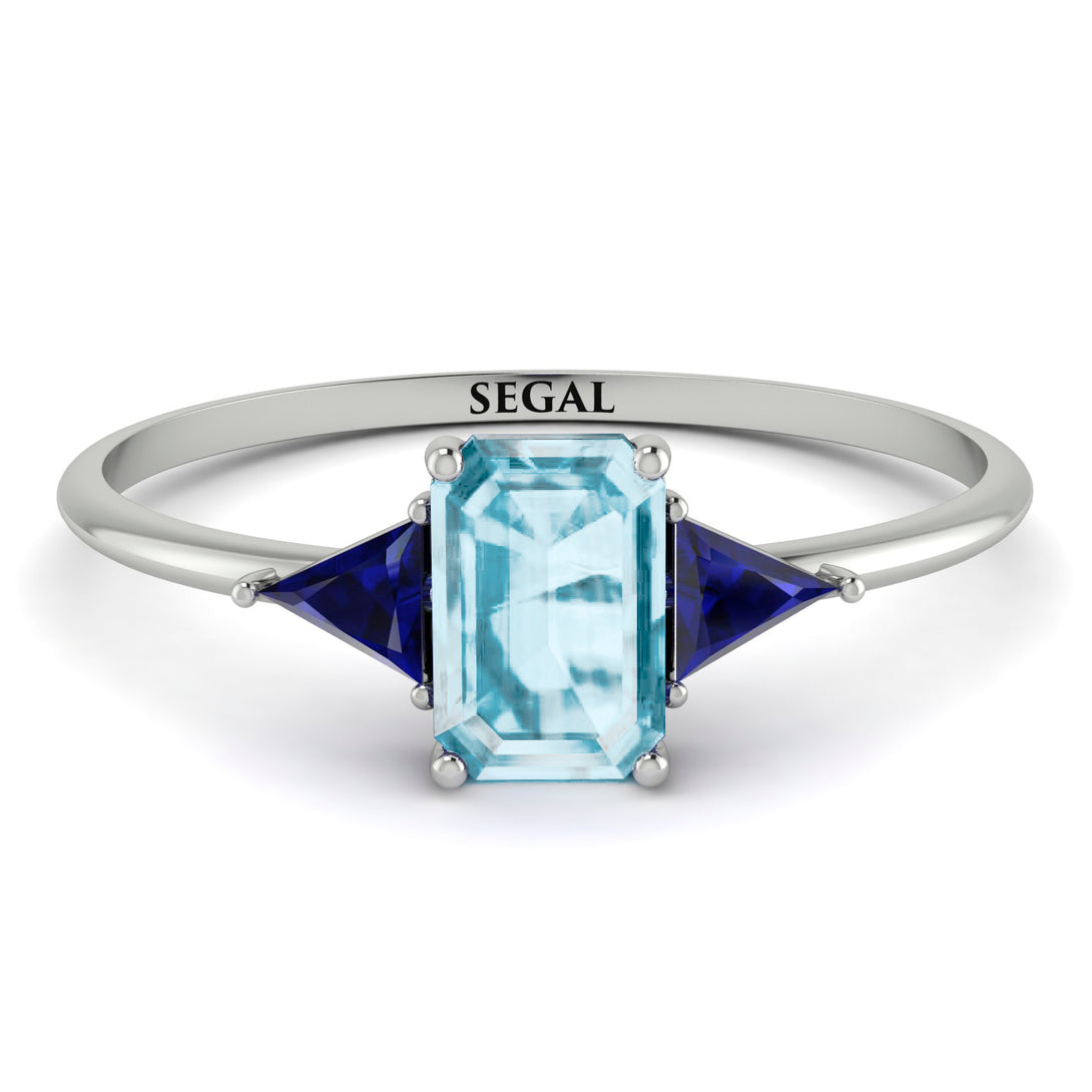 Emerald Cut Aquamarine With Triangles Ring - Remi No. 415