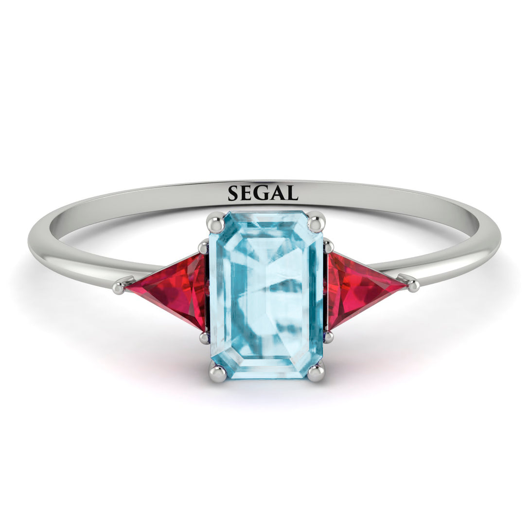 Emerald Cut Aquamarine With Triangles Ring - Remi No. 412