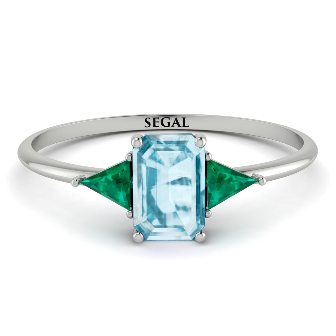 Emerald Cut Aquamarine With Triangles Ring - Remi No. 406