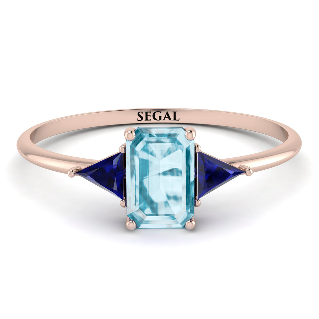 Emerald Cut Aquamarine With Triangles Ring - Remi No. 414
