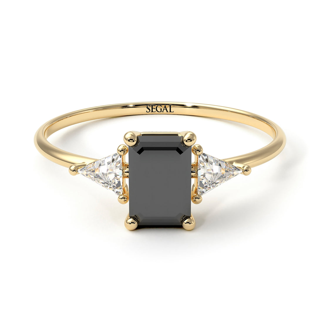Emerald Cut Black Diamond With Triangles Ring - Remi No. 7