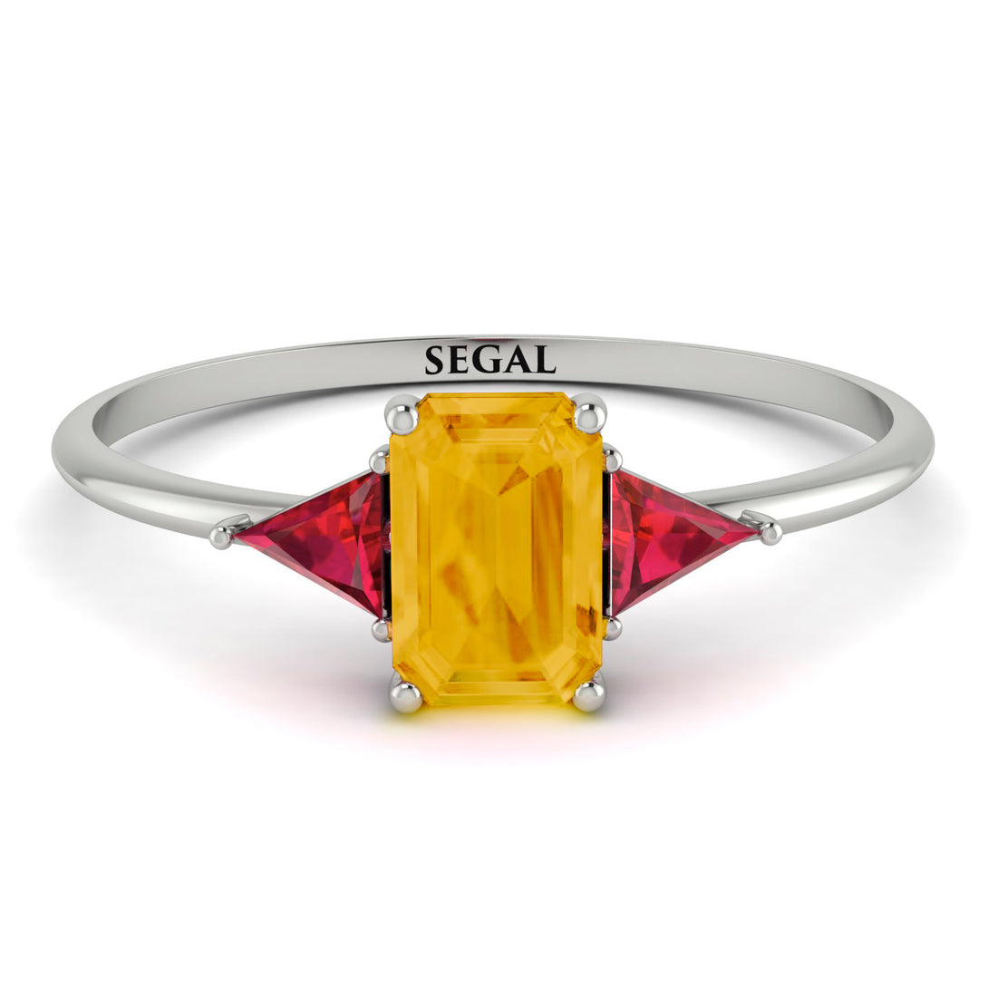 Emerald Cut Citrine With Triangles Ring - Remi No. 612