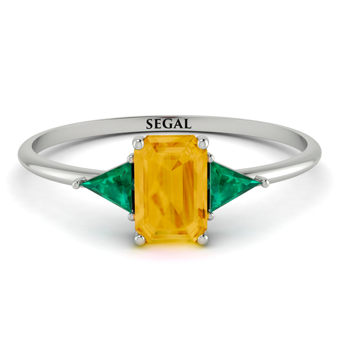 Emerald Cut Citrine With Triangles Ring - Remi No. 606