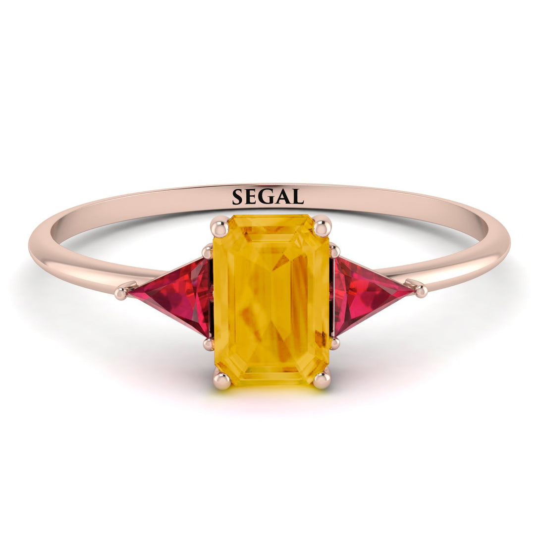Emerald Cut Citrine With Triangles Ring - Remi No. 611