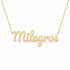Milagros name necklace in solid 14K Yellow Gold, handmade in Los Angeles