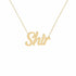Shir name necklace in solid 14K Yellow Gold, handmade in Los Angeles