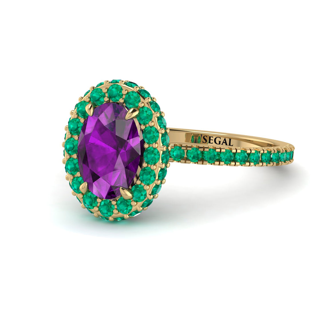 Oval Amethyst Halo Hidden Emeralds Ring - Amy No. 304