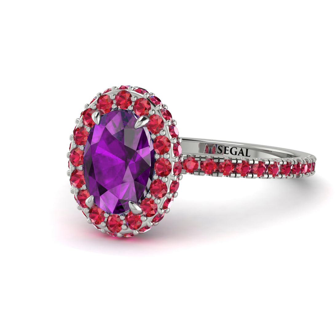 Oval Amethyst Halo Hidden Rubies Ring - Amy No. 312