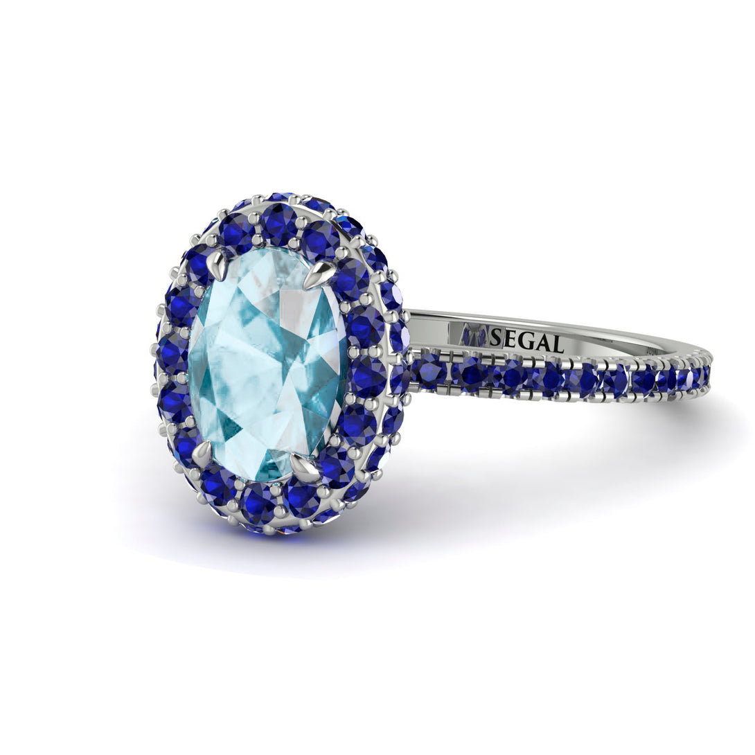 Oval Aquamarine Halo Hidden Sapphires Ring - Amy No. 415