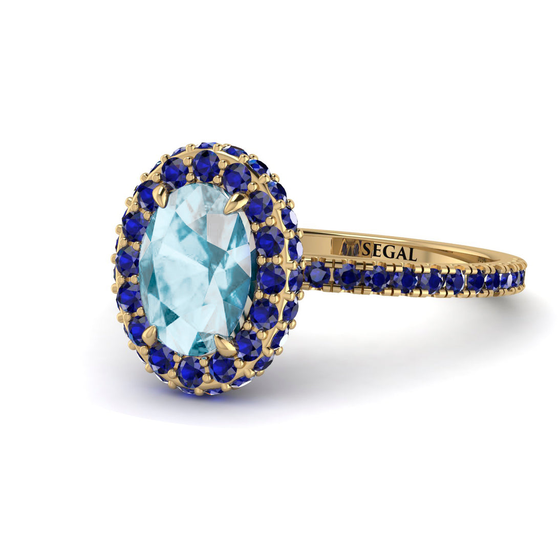 Oval Aquamarine Halo Hidden Sapphires Ring - Amy No. 413