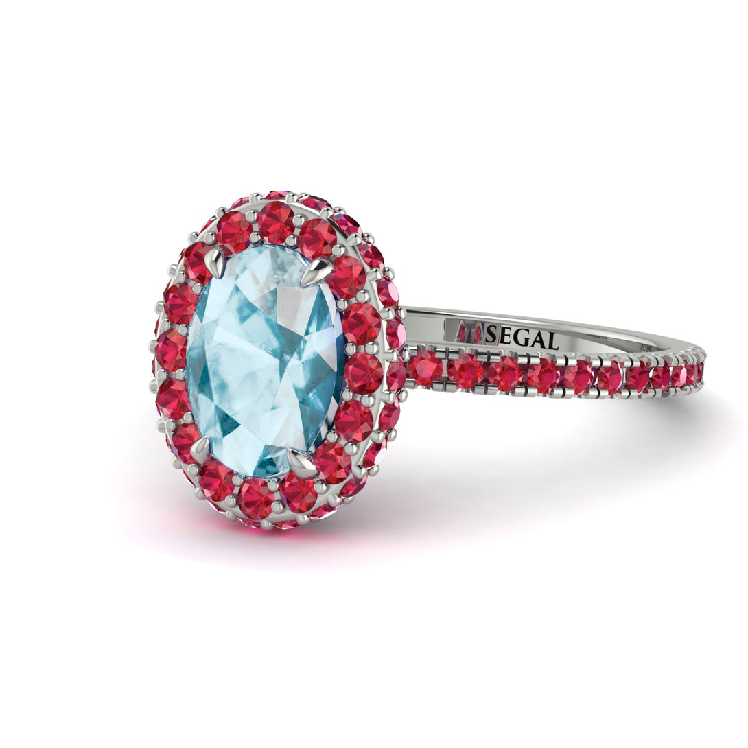 Oval Aquamarine Halo Hidden Rubies Ring - Amy No. 412