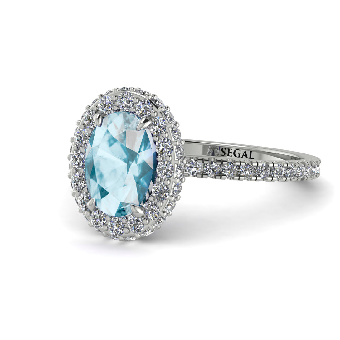 Oval Aquamarine Halo Hidden Diamonds Ring - Amy No. 403