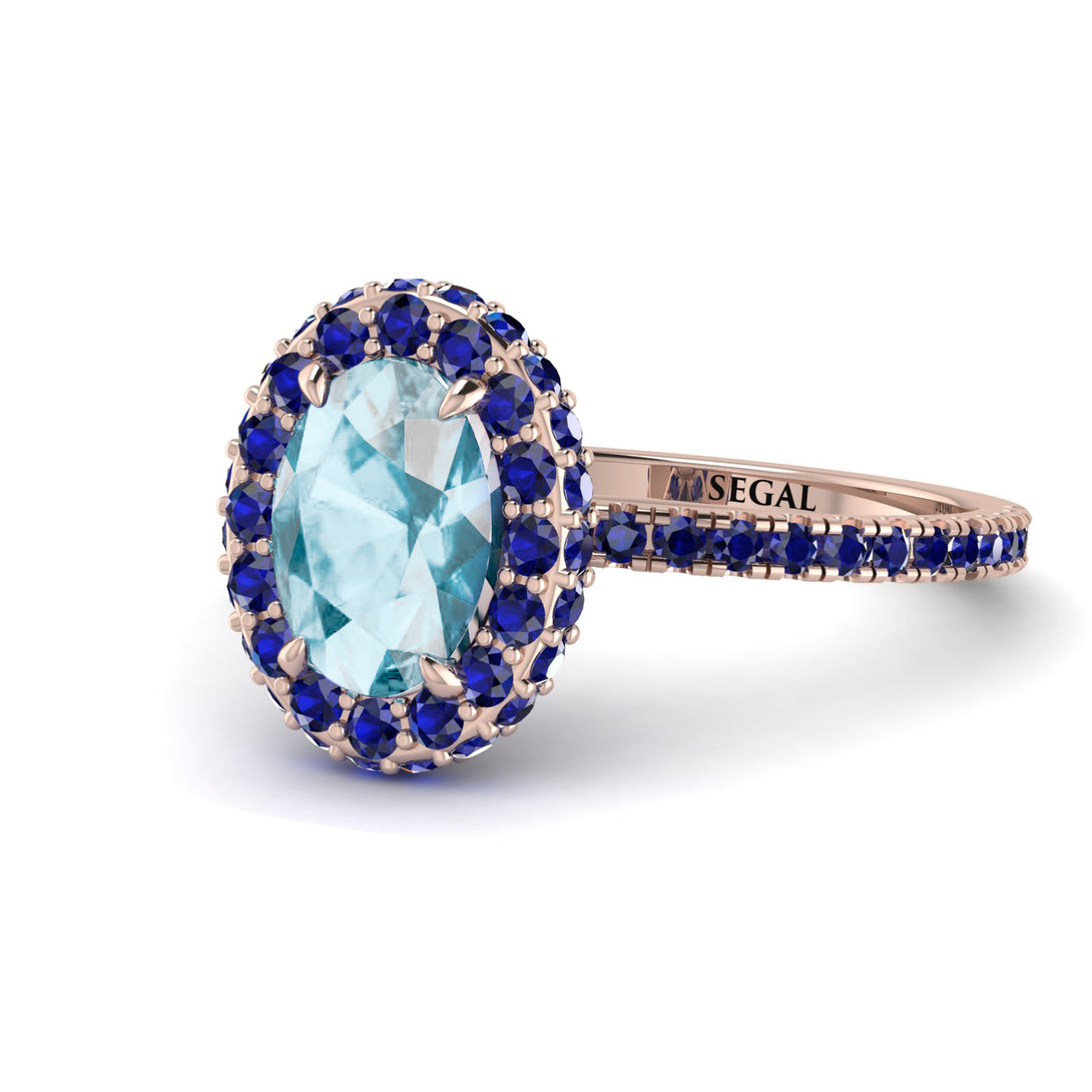 Oval Aquamarine Halo Hidden Sapphires Ring - Amy No. 414