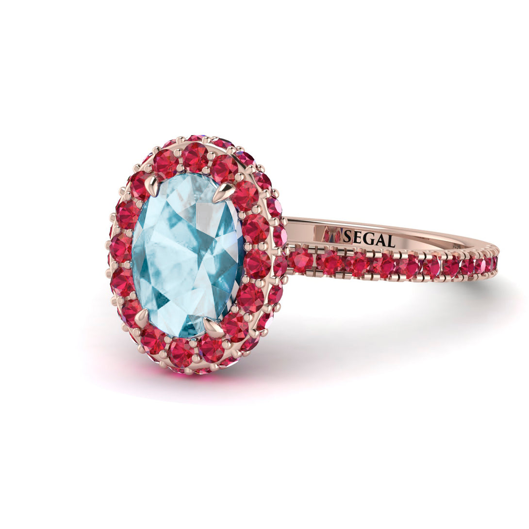 Oval Aquamarine Halo Hidden Rubies Ring - Amy No. 411