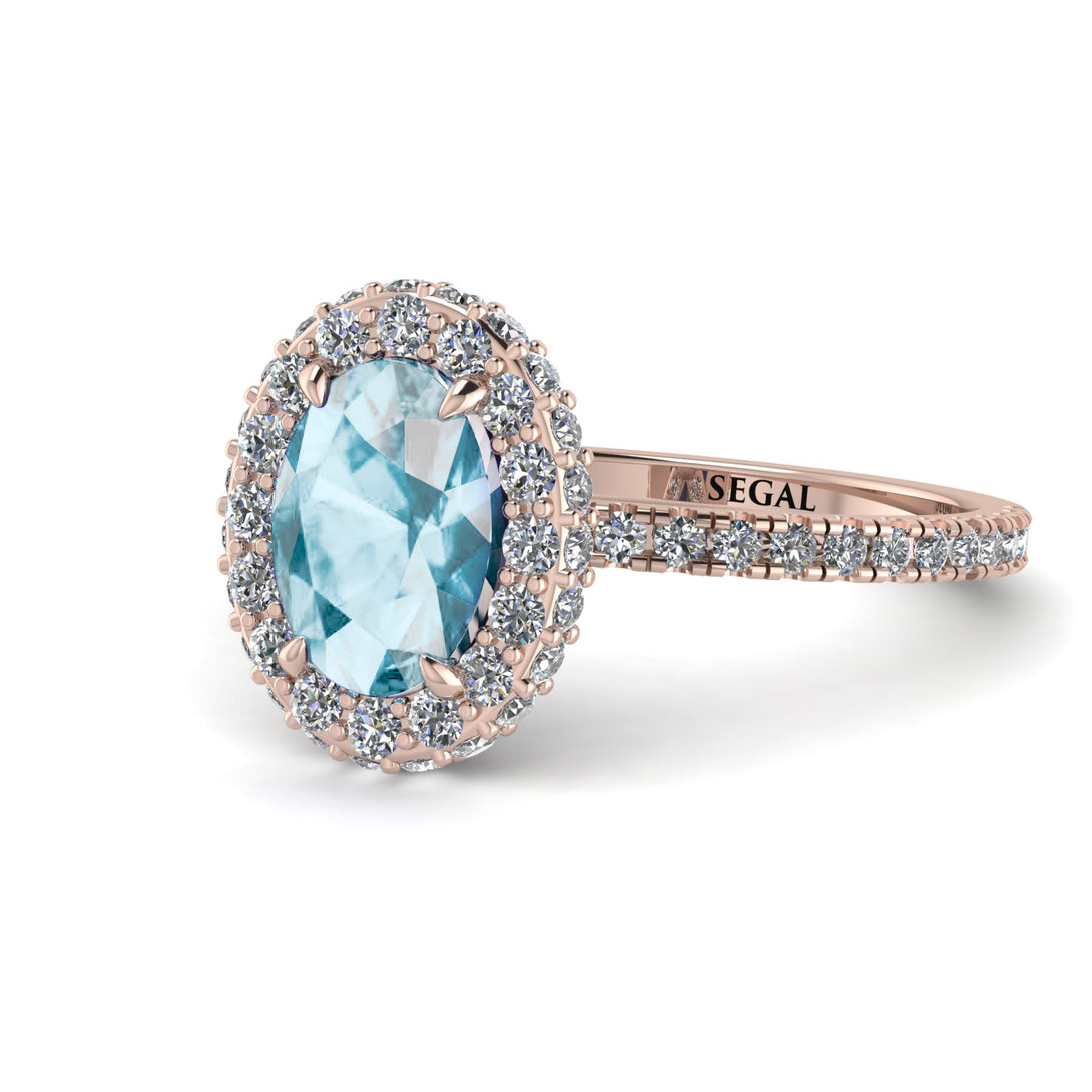 Oval Aquamarine Halo Hidden Diamonds Ring - Amy No. 402