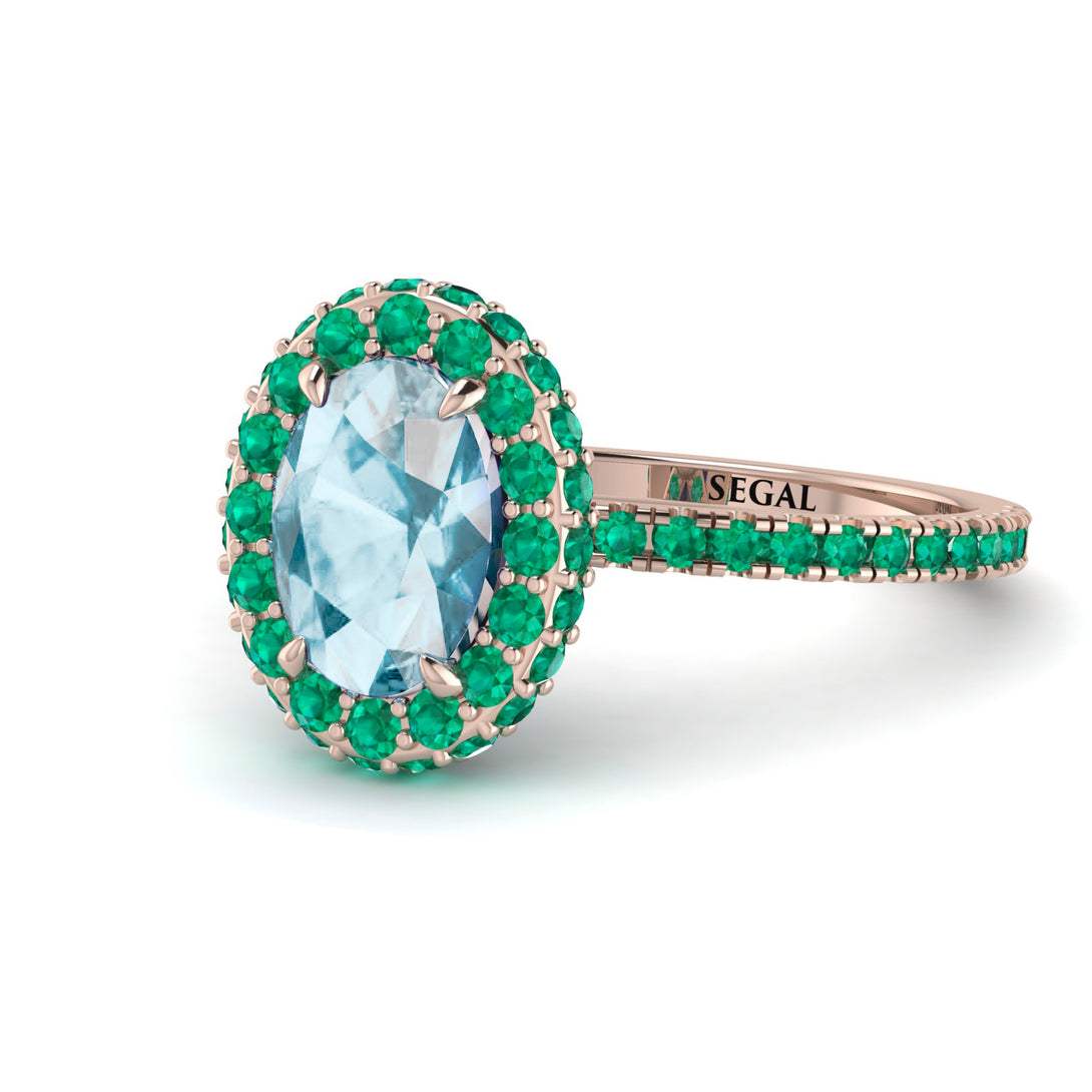 Oval Aquamarine Halo Hidden Emeralds Ring - Amy No. 405