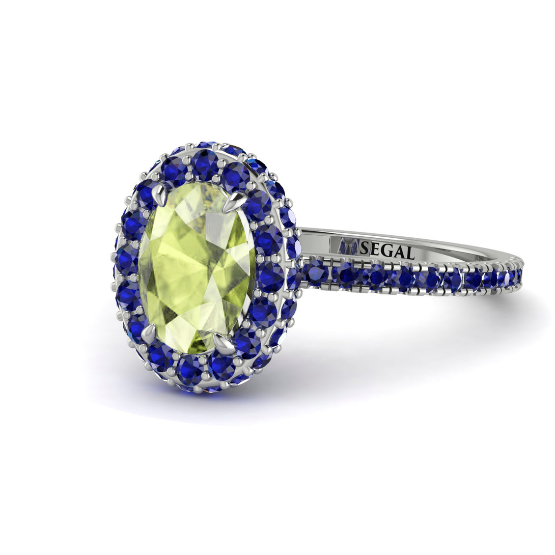 Oval Peridot Halo Hidden Sapphires Ring - Amy No. 715