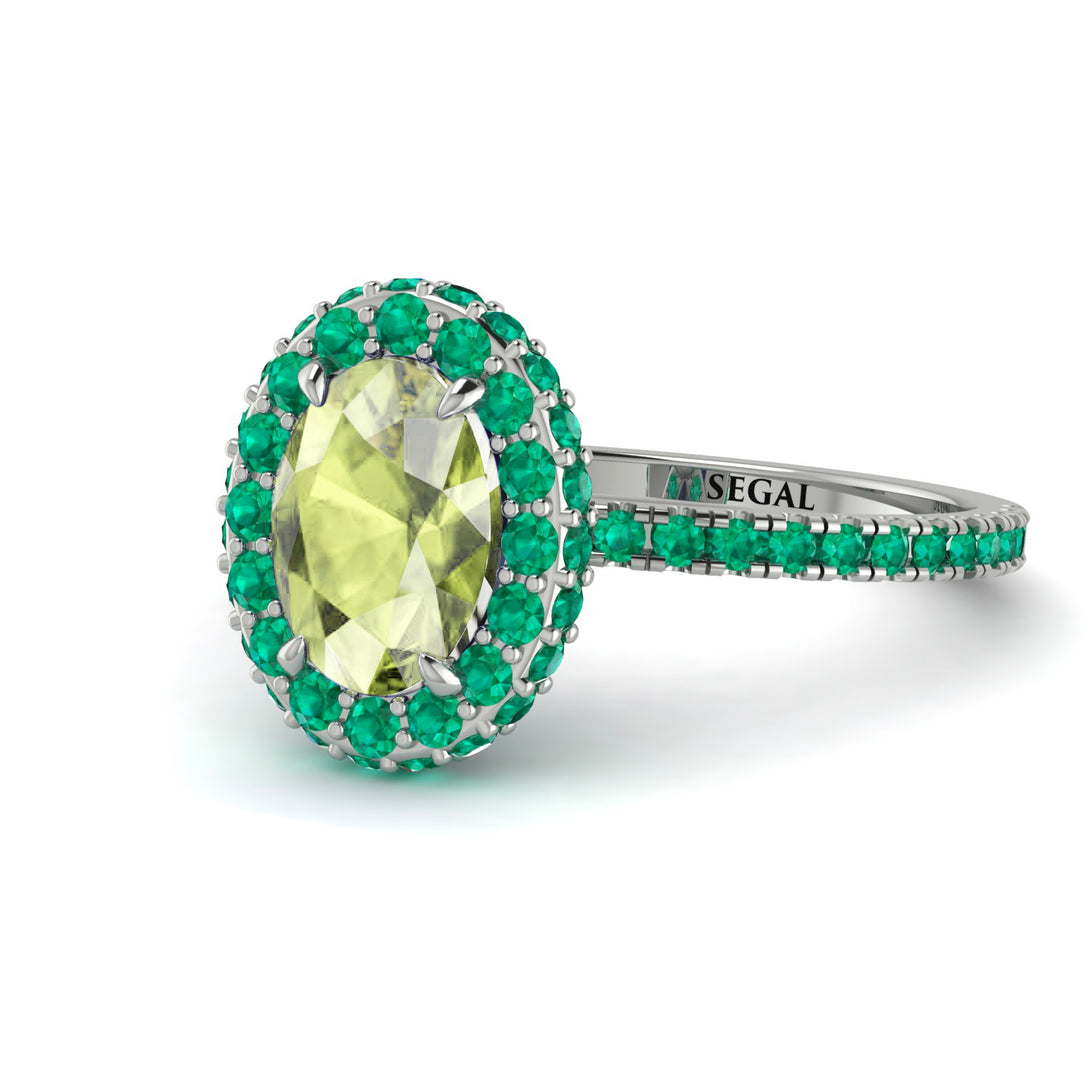 Oval Peridot Halo Hidden Emeralds Ring - Amy No. 706