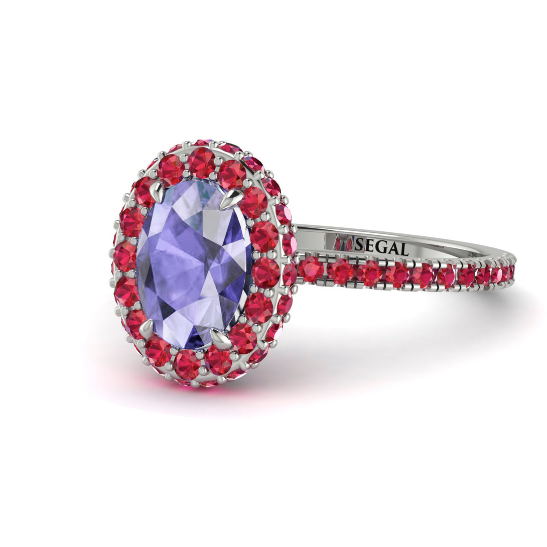 Oval Tanzanite Halo Hidden Rubies Ring - Amy No. 212