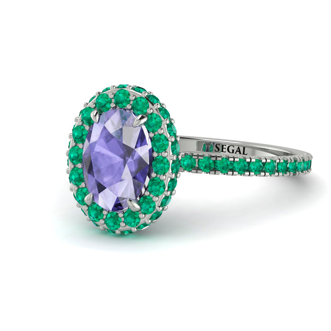 Oval Tanzanite Halo Hidden Emeralds Ring - Amy No. 206