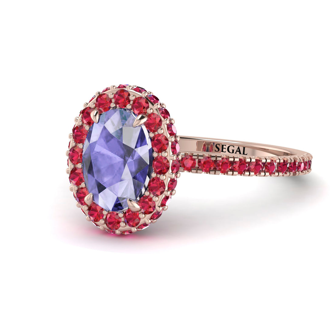 Oval Tanzanite Halo Hidden Rubies Ring - Amy No. 211