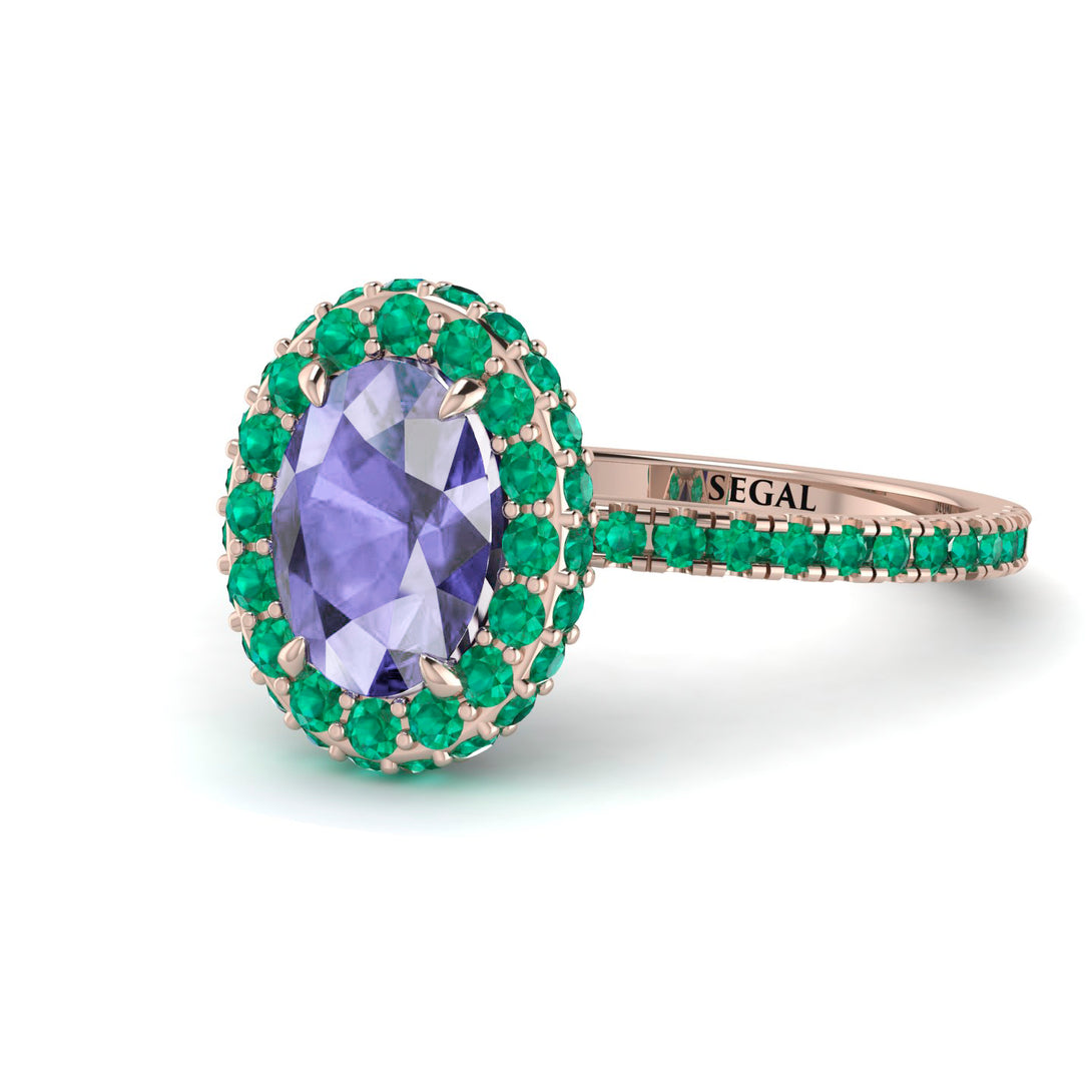 Oval Tanzanite Halo Hidden Emeralds Ring - Amy No. 205