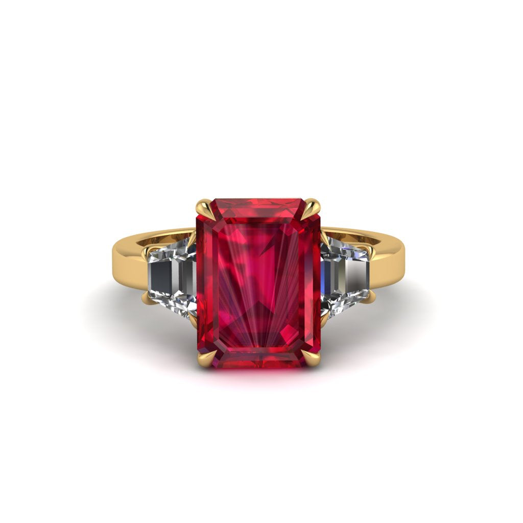 Ruby Emerald Cut Three Stone Ring With Custom Baguette - Yvette No. 10
