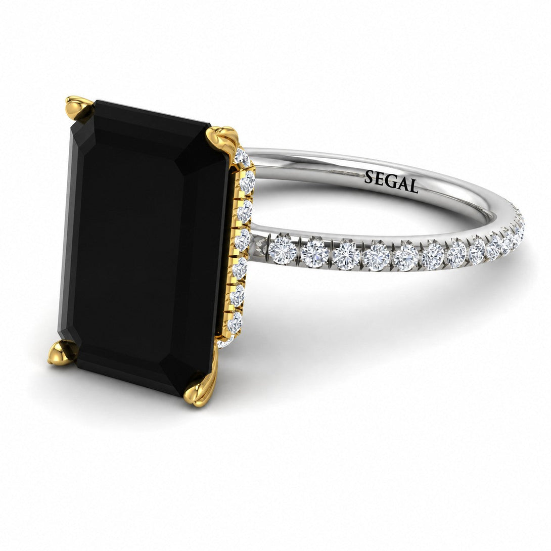 Two Tones Hidden Halo Emerald Cut Black Diamond Engagement Ring - Melodi No. 82