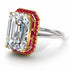 Two Tones Halo Emerald Cut Diamond Ring With Hidden Rubies - Rowan No. 85