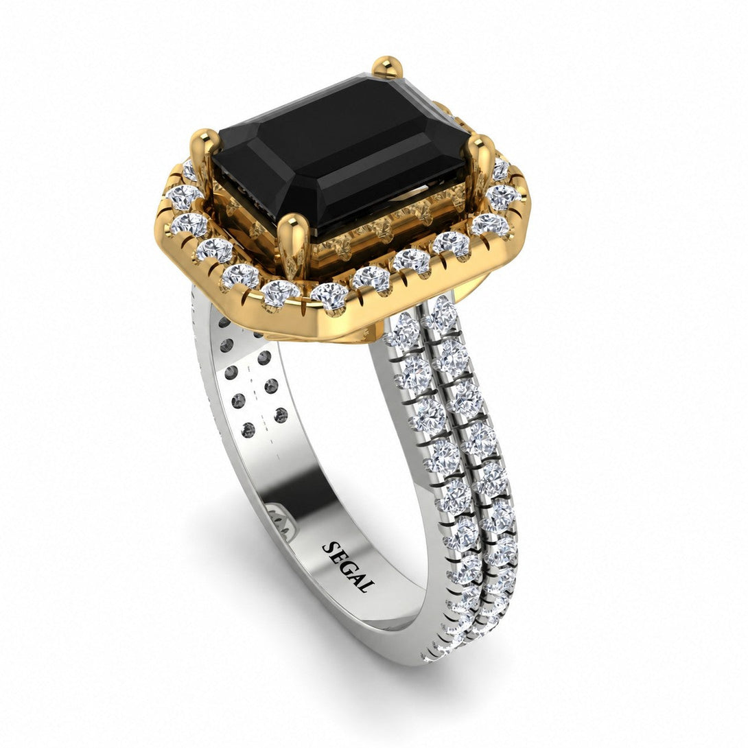 Two Tones Gorgeous Emerald Cut Black Diamond Pave Double Shank Engagement Ring With Hidden Stone - Veronica No. 82