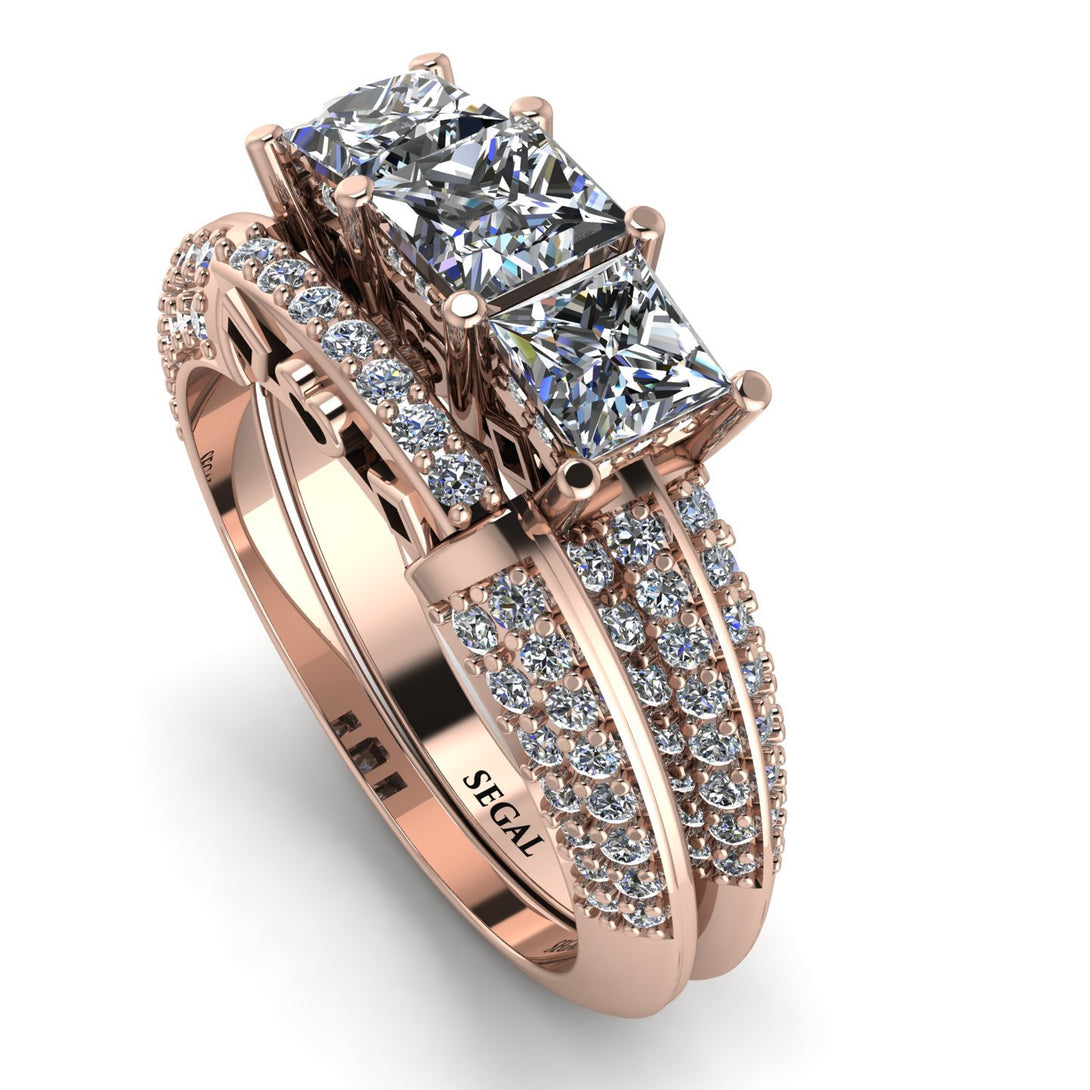 3 Stones Princess diamond Bridal Set - Rebecca No. 2
