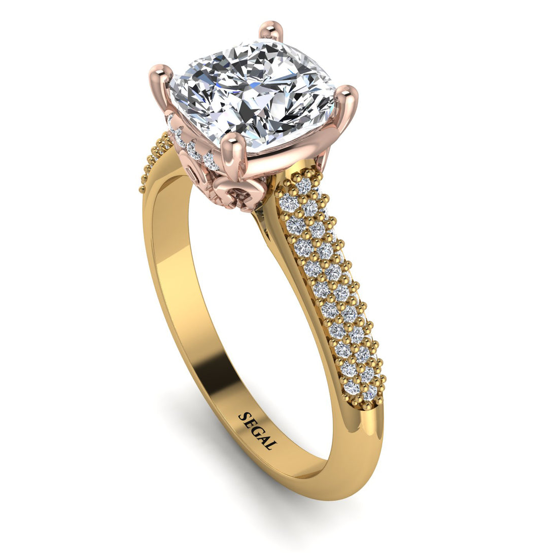 Two Tones Luxury Pave Cushion Cut Diamond Engagement Ring With Hidden Stone - Esmeralda No. 76