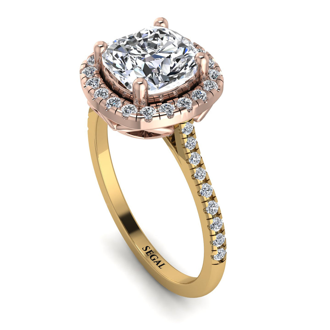 Two Tones Gorgeous Cushion Cut Diamond Pave Engagement Ring With Hidden Stone - Kira No. 76