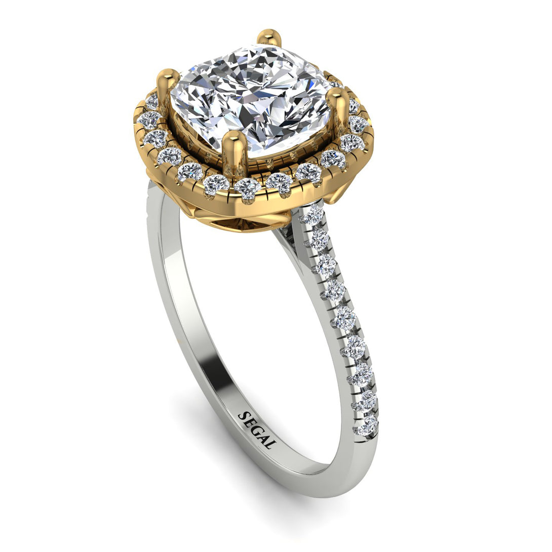 Two Tones Gorgeous Cushion Cut Diamond Pave Engagement Ring With Hidden Stone - Kira No. 77