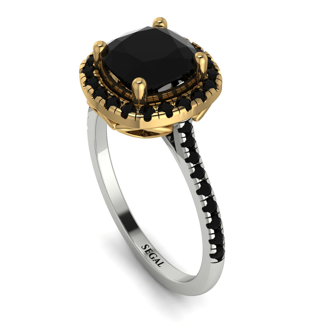 Two Tones Gorgeous Cushion Cut Black Diamond Pave Engagement Ring With Hidden Stone - Kira No. 80
