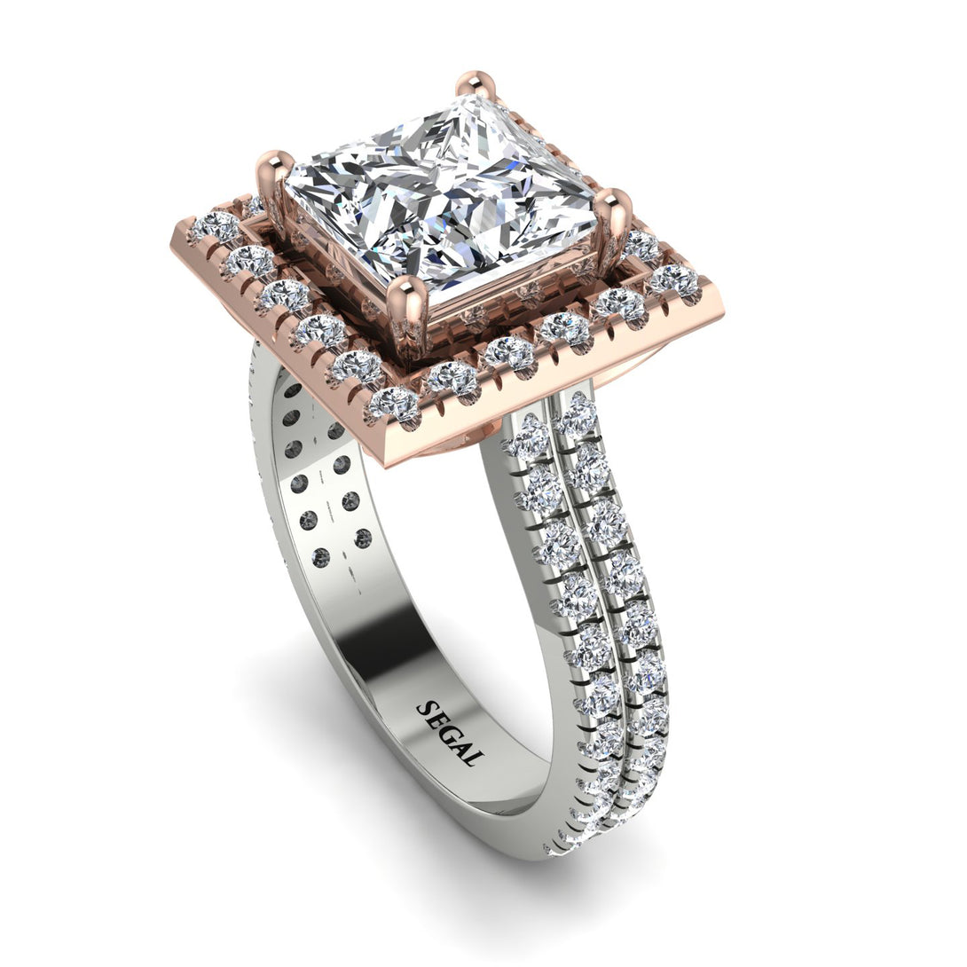 Two Tones Gorgeous Princess Cut Diamond Pave Double Shank Engagement Ring With Hidden Stone - Margot No. 78