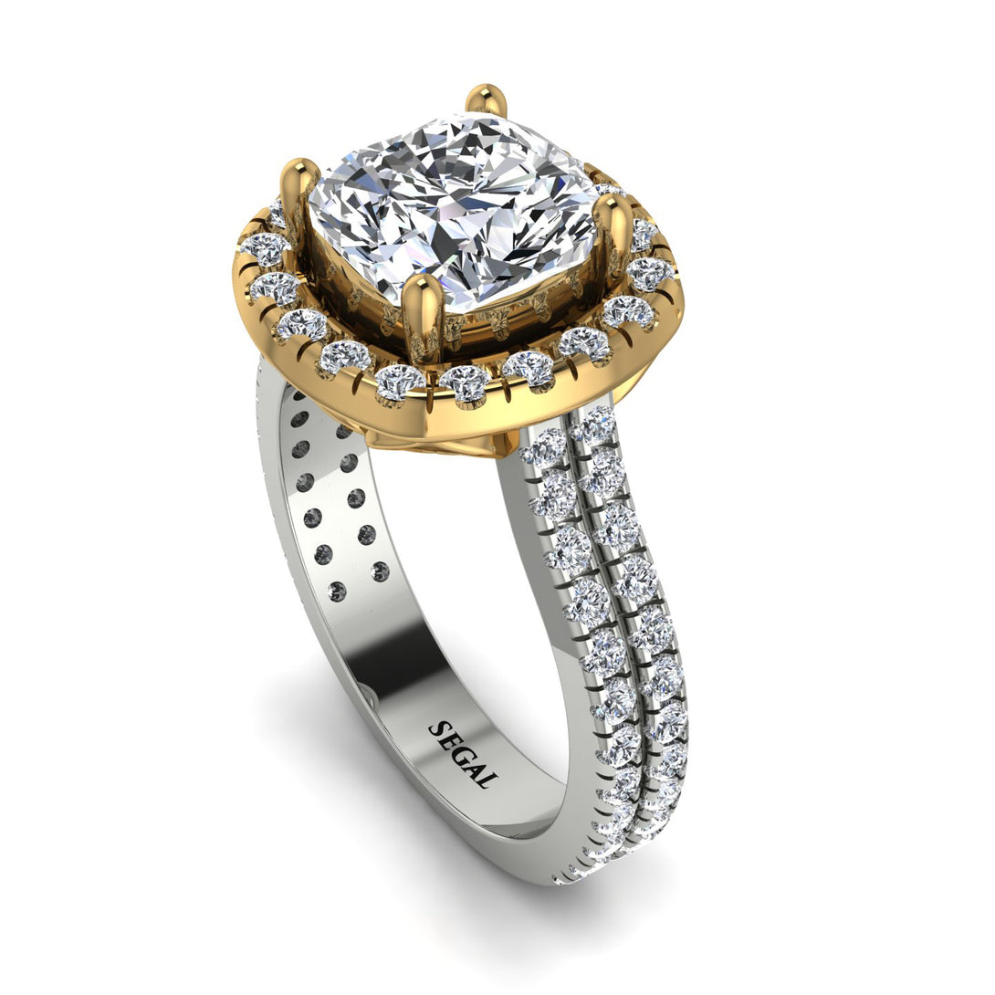 Two Tones Gorgeous Cushion Cut Diamond Pave Double Shank Engagement Ring With Hidden Stone - Kira No. 77