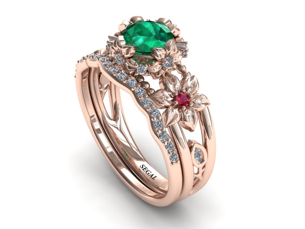 Bridal Set Flower and Leafs Powerhouse Ring Green Emerald Ring- Mackenzie no. 11